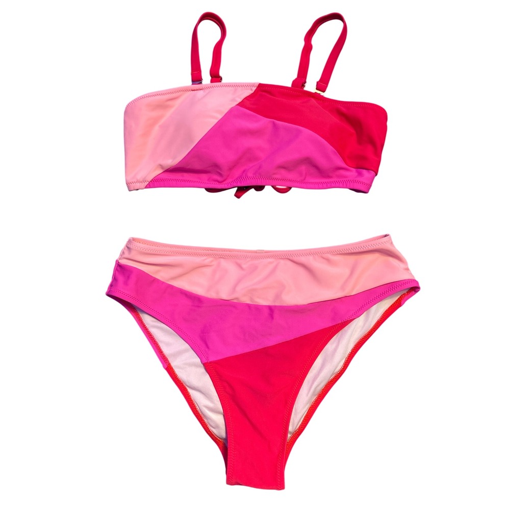 Popvil Colorblock Bandeau Lace Up Bikini Swimsuit Pink Red Medium